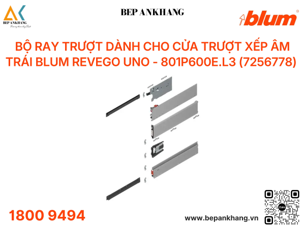 Bộ ray trượt dành cho cửa trượt xếp âm trái Blum REVEGO uno 801P600E.L3 (7256778) - NL=600 mm